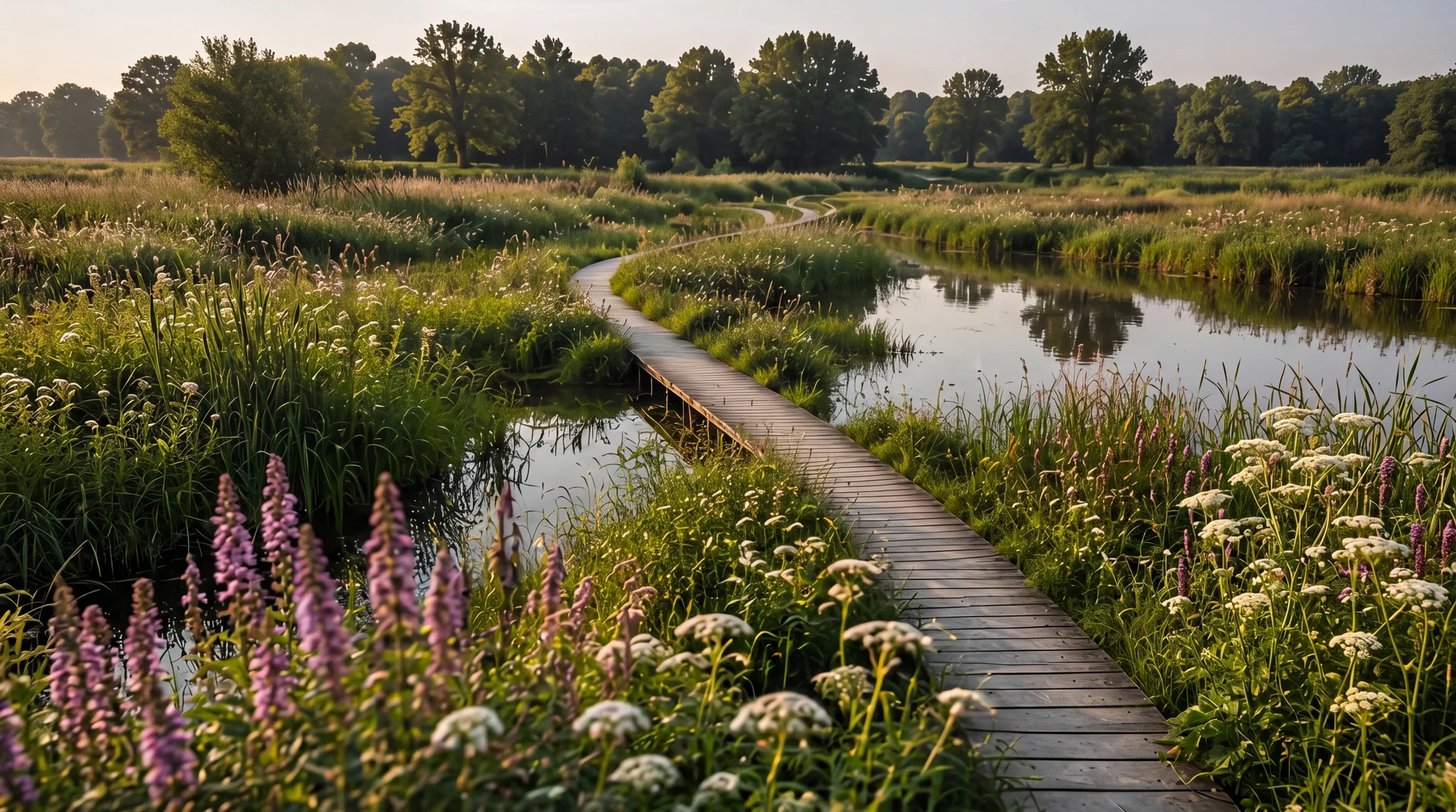 Houten vlonderpad door een bloemrijk wetland met open water bij gouden licht - landschapsproject Studio Buiten
