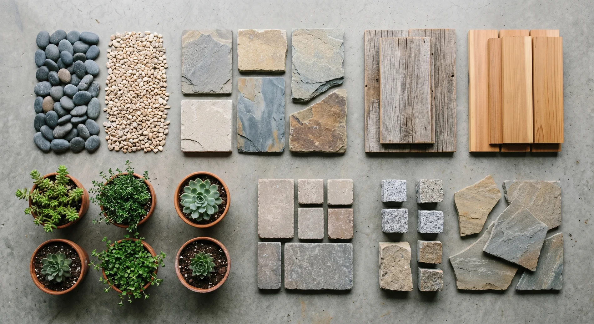 Materiaalstalen voor tuinontwerp: natuursteen, kasseien, hout, grind en beplanting in een flatlay van Studio Buiten