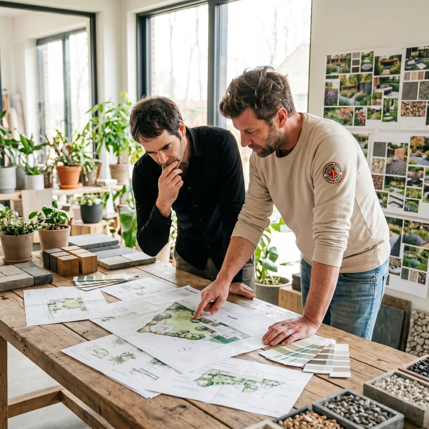 Twee ontwerpers van Studio Buiten bestuderen tuinplannen, materiaalstalen en moodboards in het atelier